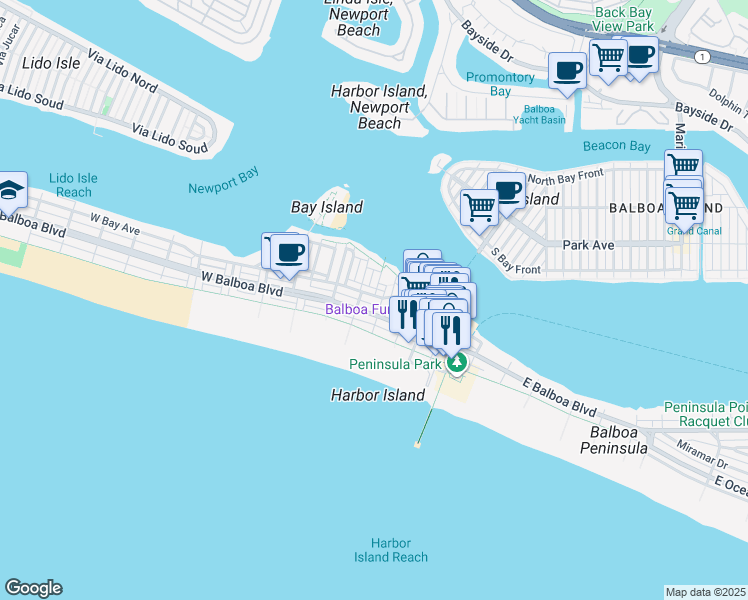 map of restaurants, bars, coffee shops, grocery stores, and more near 319 East Balboa Boulevard in Newport Beach