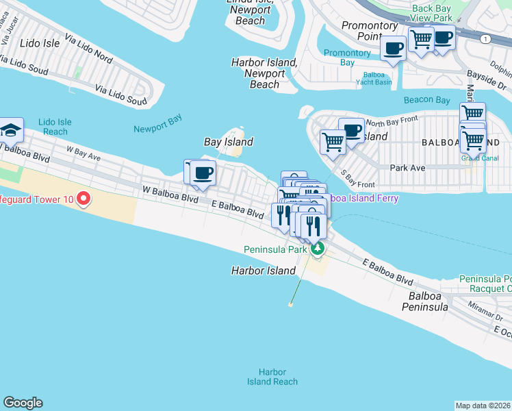 map of restaurants, bars, coffee shops, grocery stores, and more near 319 East Balboa Boulevard in Newport Beach