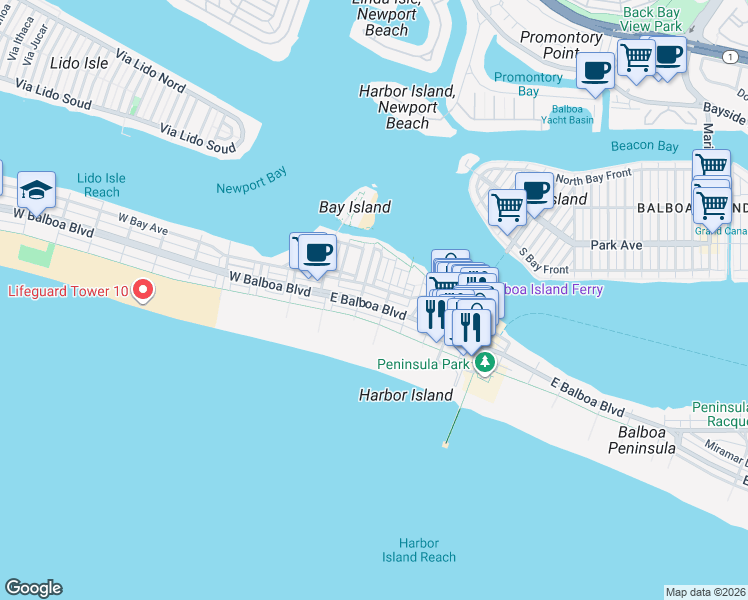 map of restaurants, bars, coffee shops, grocery stores, and more near 208 East Oceanfront in Newport Beach