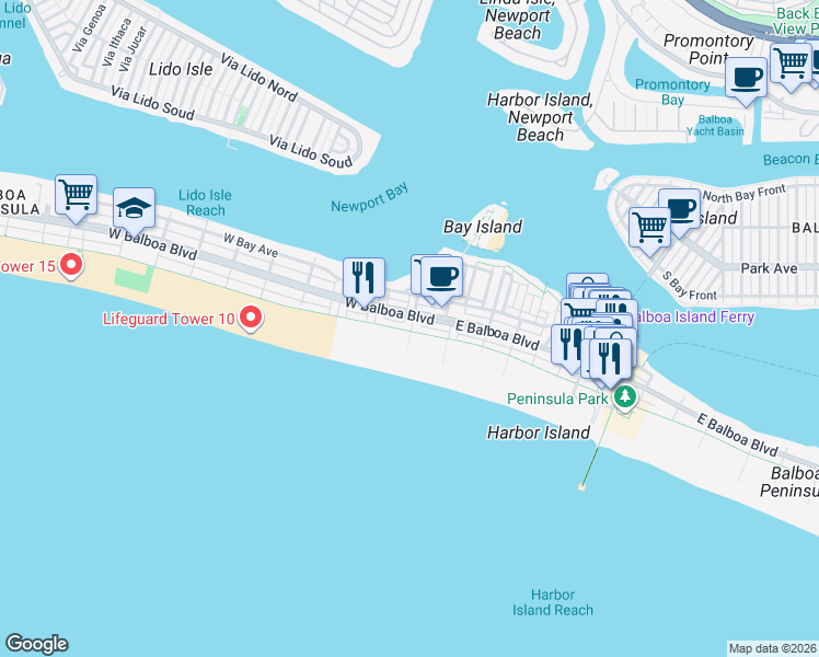map of restaurants, bars, coffee shops, grocery stores, and more near 516 West Oceanfront in Newport Beach