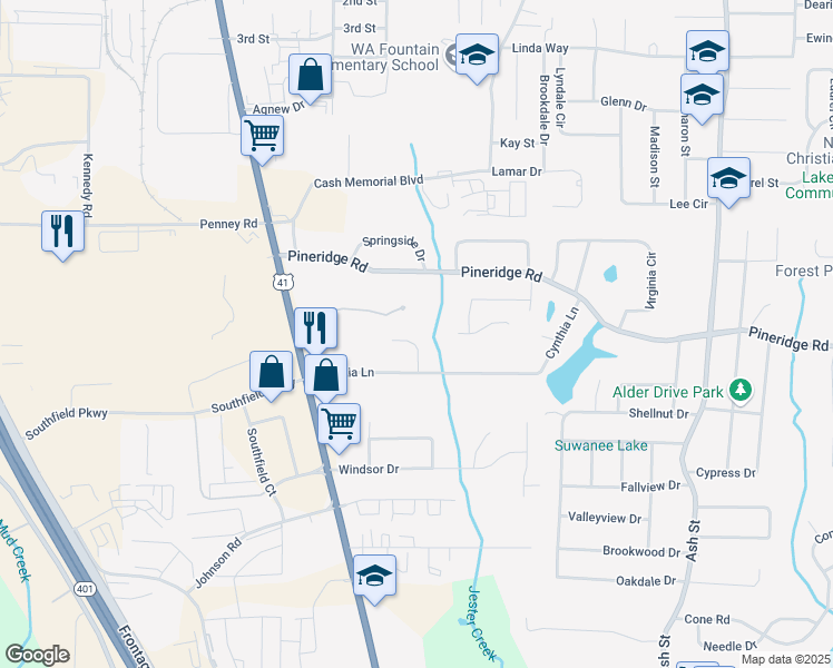 map of restaurants, bars, coffee shops, grocery stores, and more near 5566 Pineridge Court in Forest Park