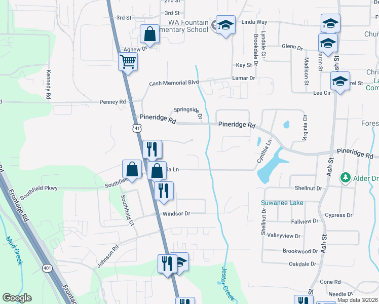 map of restaurants, bars, coffee shops, grocery stores, and more near 5537 Pineridge Court in Forest Park