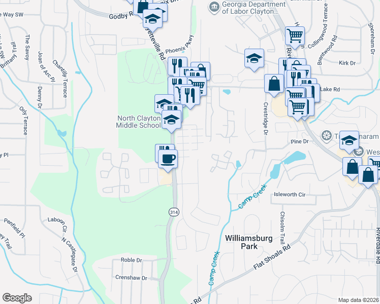 map of restaurants, bars, coffee shops, grocery stores, and more near 5589 Grande River Road in Atlanta