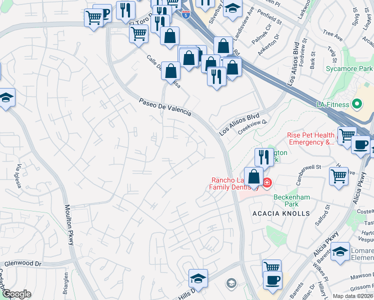 map of restaurants, bars, coffee shops, grocery stores, and more near 217 Avenida Majorca in Laguna Woods