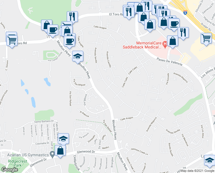 map of restaurants, bars, coffee shops, grocery stores, and more near 436 Avenida Sevilla in Laguna Woods
