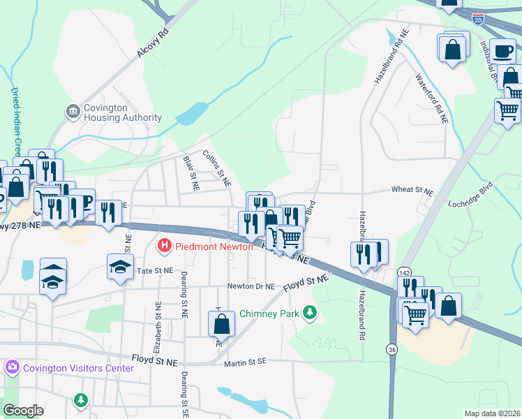 map of restaurants, bars, coffee shops, grocery stores, and more near 6188 Wheat Street Northeast in Covington