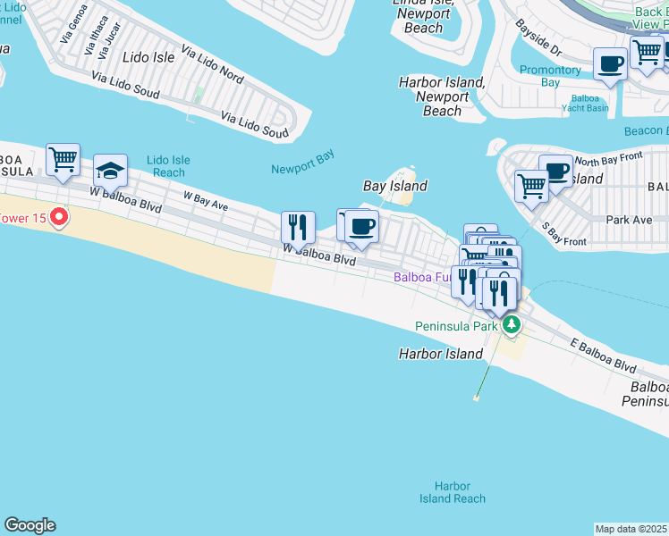 map of restaurants, bars, coffee shops, grocery stores, and more near 600 West Oceanfront in Newport Beach