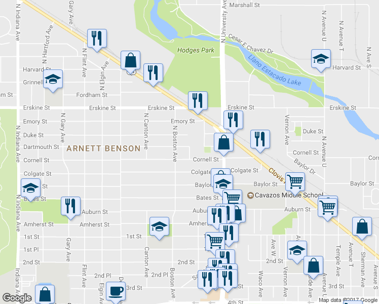 map of restaurants, bars, coffee shops, grocery stores, and more near North Athens Street in Lubbock
