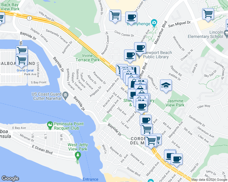 map of restaurants, bars, coffee shops, grocery stores, and more near 601 Begonia Avenue in Newport Beach