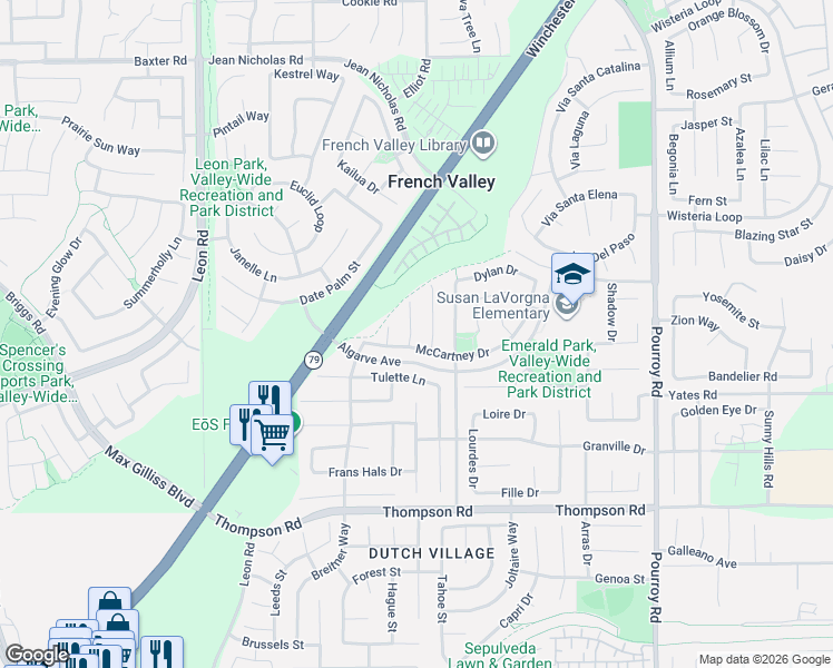map of restaurants, bars, coffee shops, grocery stores, and more near 35648 Loggins Court in Winchester