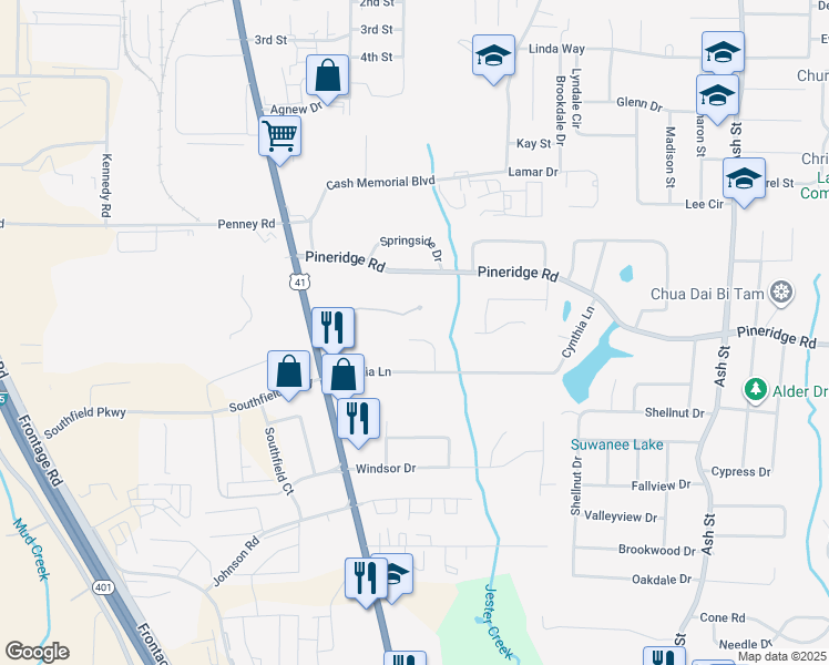 map of restaurants, bars, coffee shops, grocery stores, and more near 5537 Pineridge Court in Forest Park