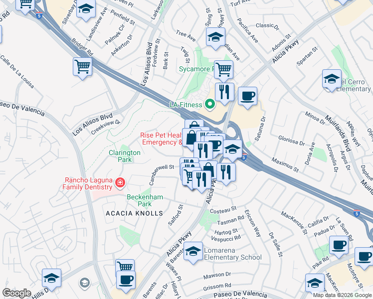 map of restaurants, bars, coffee shops, grocery stores, and more near 24692 Julie Avenue in Laguna Hills