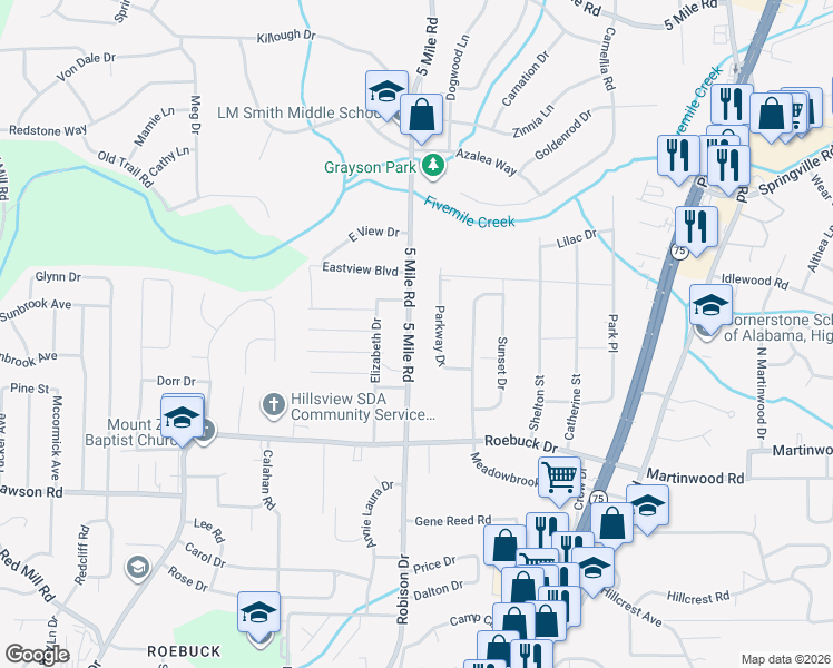 map of restaurants, bars, coffee shops, grocery stores, and more near 929 5 Mile Road in Birmingham