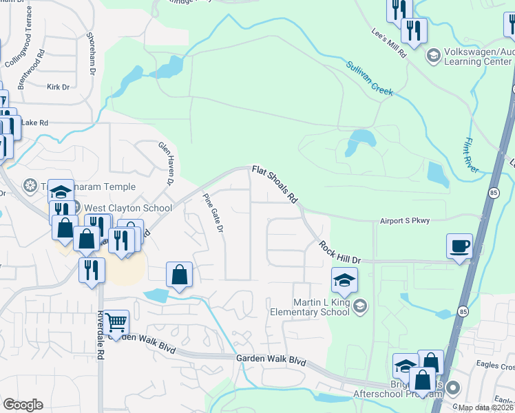 map of restaurants, bars, coffee shops, grocery stores, and more near 5573 Rock Shoals Way in Atlanta