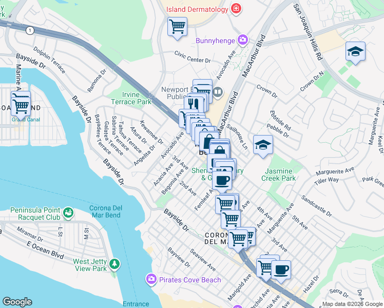 map of restaurants, bars, coffee shops, grocery stores, and more near 621 Begonia Avenue in Newport Beach