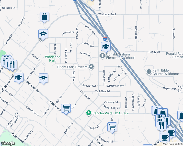 map of restaurants, bars, coffee shops, grocery stores, and more near 22900 Naki Circle in Wildomar