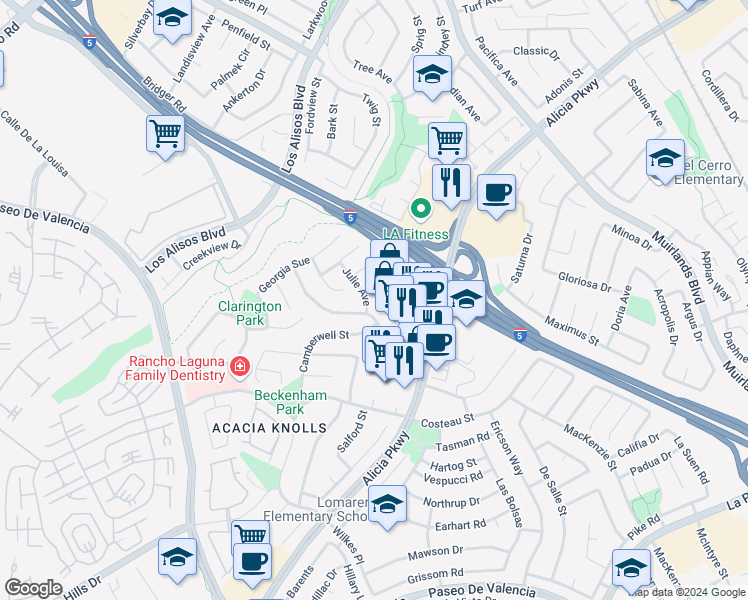 map of restaurants, bars, coffee shops, grocery stores, and more near 24692 Julie Avenue in Laguna Hills