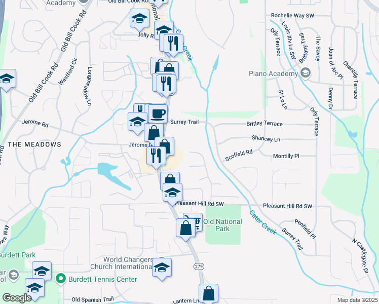 map of restaurants, bars, coffee shops, grocery stores, and more near 5330 Willow Park Boulevard in Atlanta