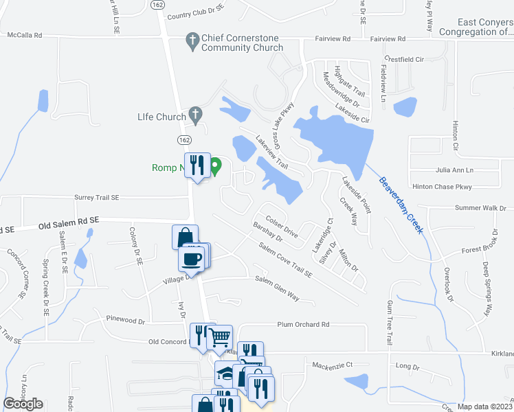 map of restaurants, bars, coffee shops, grocery stores, and more near 515 Barshay Drive in Covington