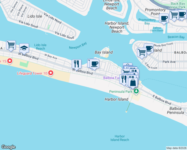map of restaurants, bars, coffee shops, grocery stores, and more near 521 East Bay Avenue in Newport Beach
