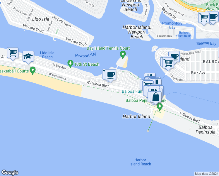 map of restaurants, bars, coffee shops, grocery stores, and more near 509 West Balboa Boulevard in Newport Beach