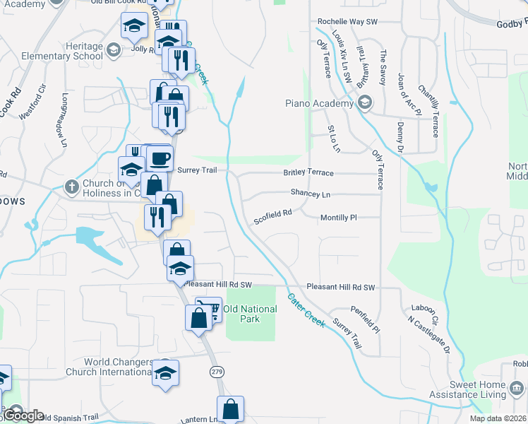 map of restaurants, bars, coffee shops, grocery stores, and more near 2351 Shancey Lane in College Park