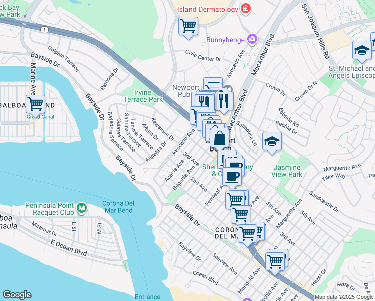 map of restaurants, bars, coffee shops, grocery stores, and more near 701 1/2 Acacia Avenue in Newport Beach