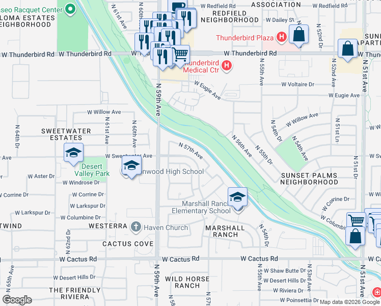 map of restaurants, bars, coffee shops, grocery stores, and more near 12881 North 57th Avenue in Glendale