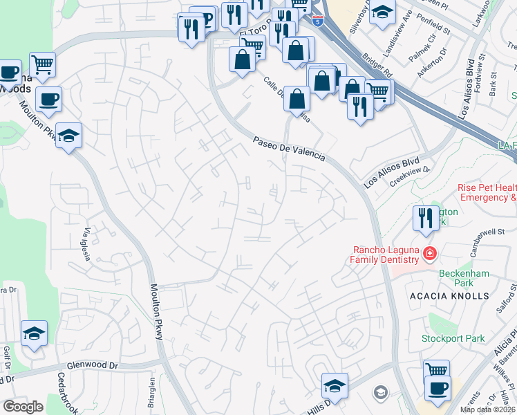 map of restaurants, bars, coffee shops, grocery stores, and more near 105 Via Estrada in Laguna Woods
