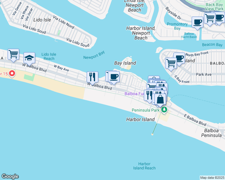 map of restaurants, bars, coffee shops, grocery stores, and more near 509 West Balboa Boulevard in Newport Beach