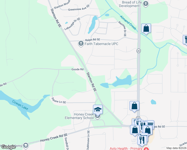 map of restaurants, bars, coffee shops, grocery stores, and more near 3230 Stanton Road Southeast in Conyers