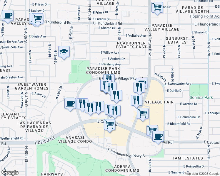 map of restaurants, bars, coffee shops, grocery stores, and more near 4568 East Cactus Road in Phoenix