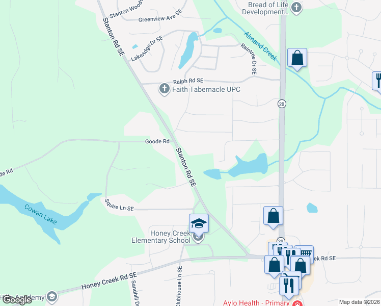 map of restaurants, bars, coffee shops, grocery stores, and more near 3230 Stanton Road Southeast in Conyers