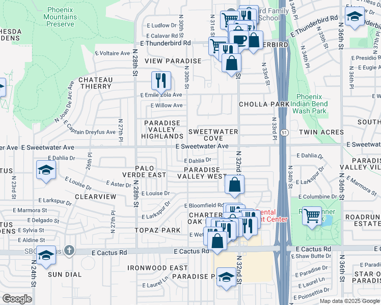 map of restaurants, bars, coffee shops, grocery stores, and more near 3012 East Sweetwater Avenue in Phoenix