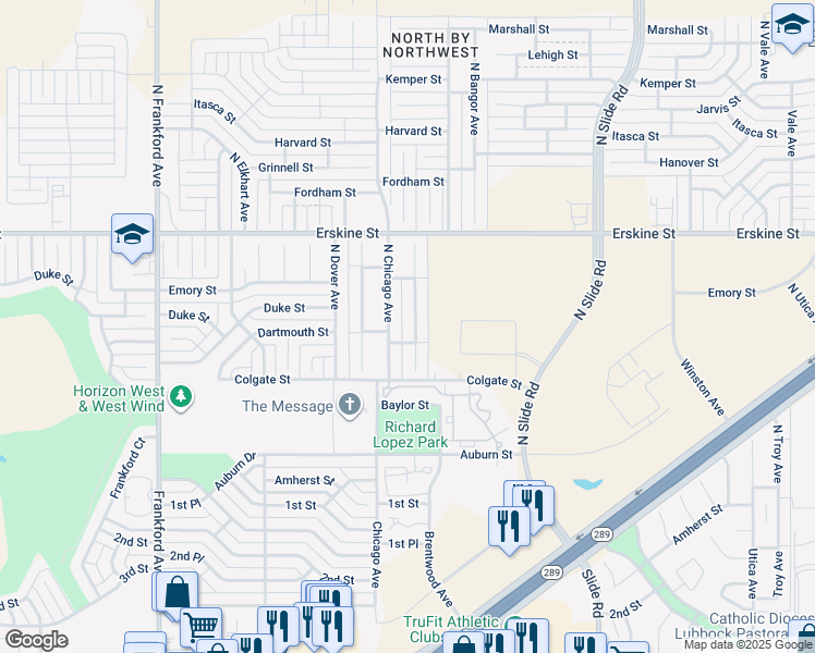 map of restaurants, bars, coffee shops, grocery stores, and more near 514 North Brentwood Avenue in Lubbock