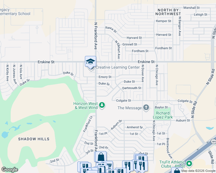 map of restaurants, bars, coffee shops, grocery stores, and more near 5738 Duke Street in Lubbock