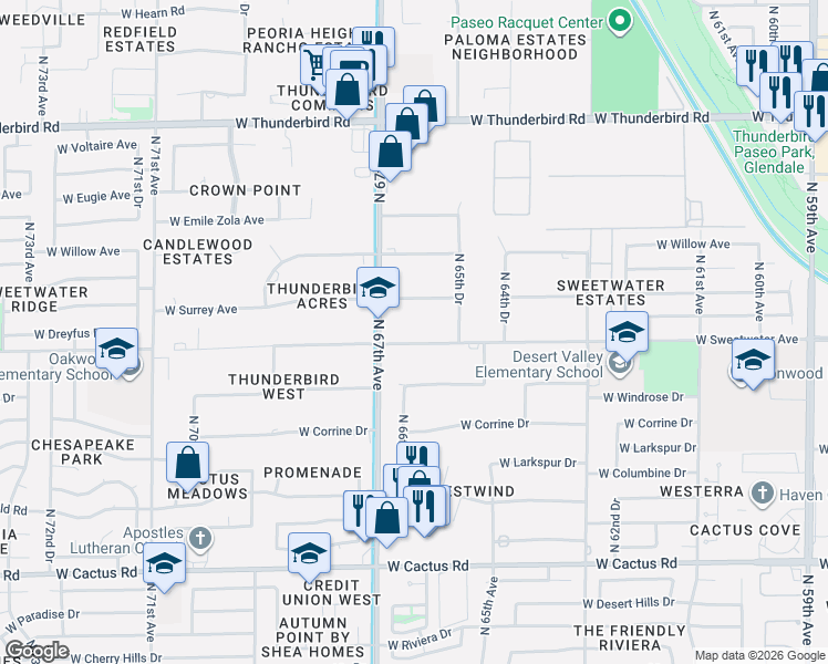map of restaurants, bars, coffee shops, grocery stores, and more near 6625 West Surrey Avenue in Glendale
