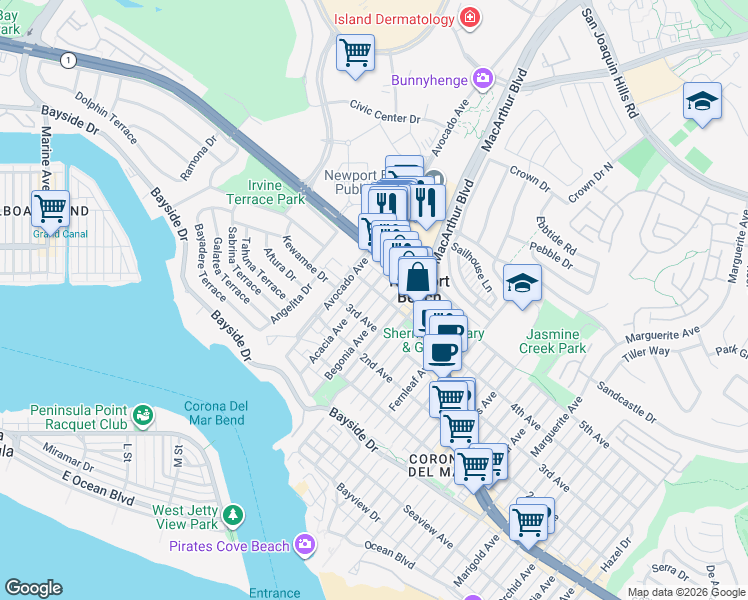 map of restaurants, bars, coffee shops, grocery stores, and more near Acacia Avenue in Newport Beach