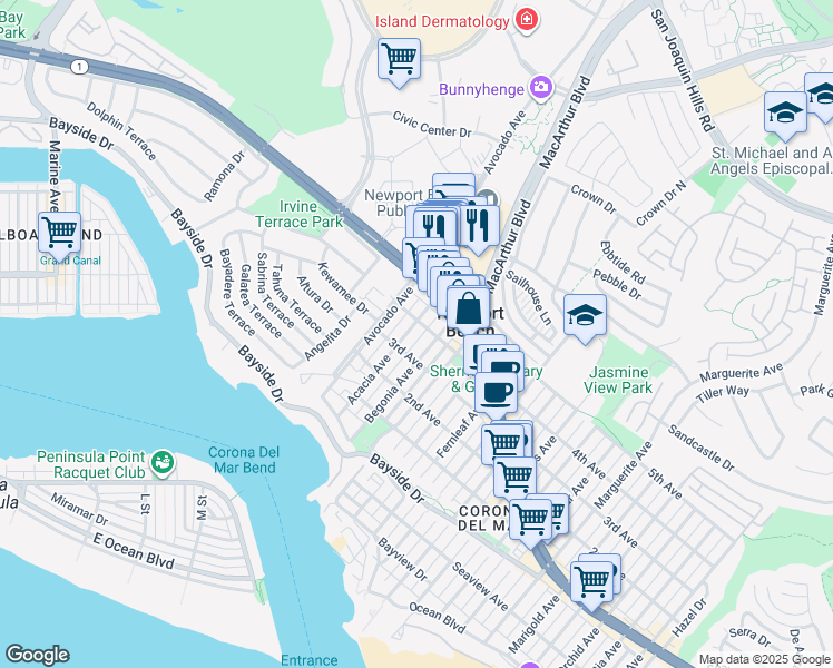 map of restaurants, bars, coffee shops, grocery stores, and more near 701 1/2 Acacia Avenue in Newport Beach