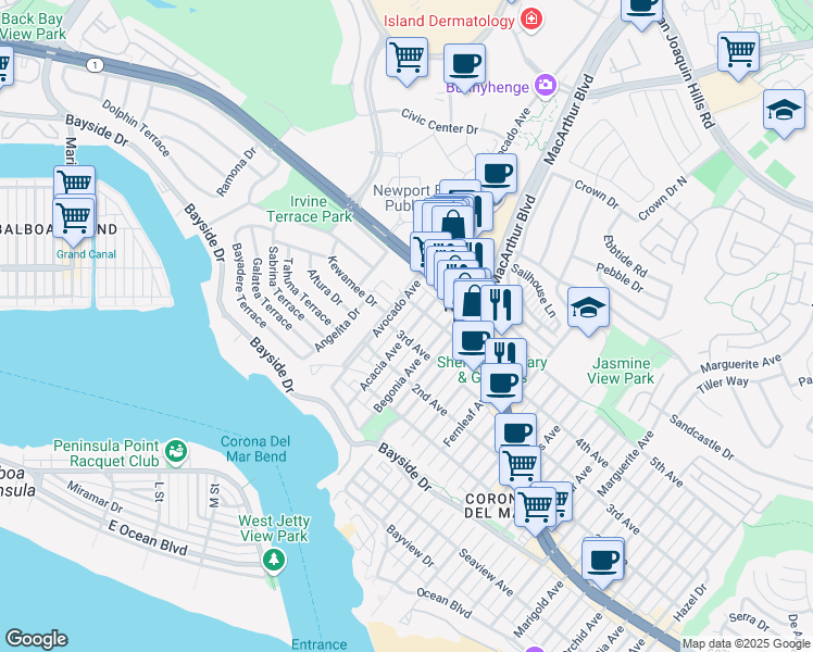 map of restaurants, bars, coffee shops, grocery stores, and more near 701 1/2 Acacia Avenue in Newport Beach