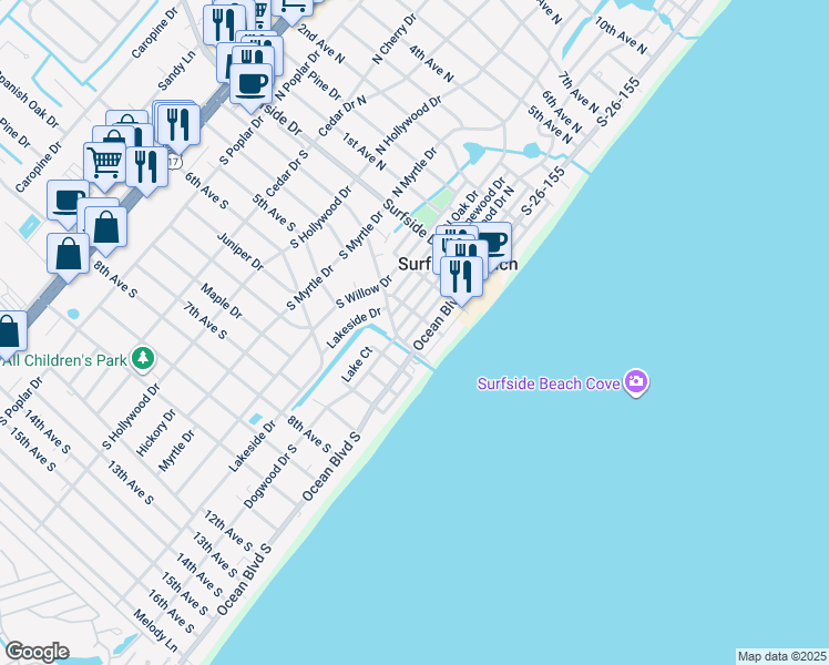 map of restaurants, bars, coffee shops, grocery stores, and more near 210 Dogwood Drive South in Myrtle Beach
