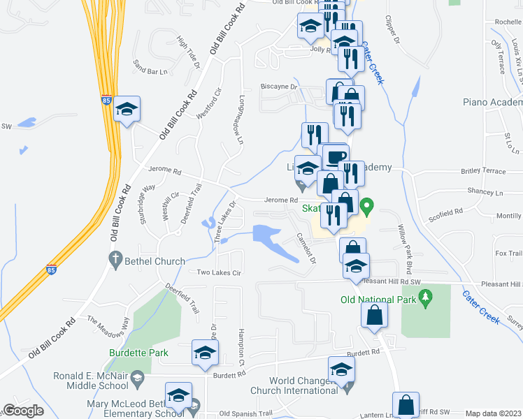 map of restaurants, bars, coffee shops, grocery stores, and more near 401 Camelot Drive in Atlanta