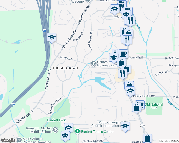 map of restaurants, bars, coffee shops, grocery stores, and more near 5703 Three Lakes Drive in Atlanta