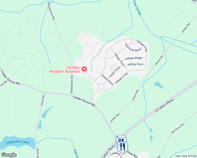 map of restaurants, bars, coffee shops, grocery stores, and more near 5894 Village Loop in Fairburn