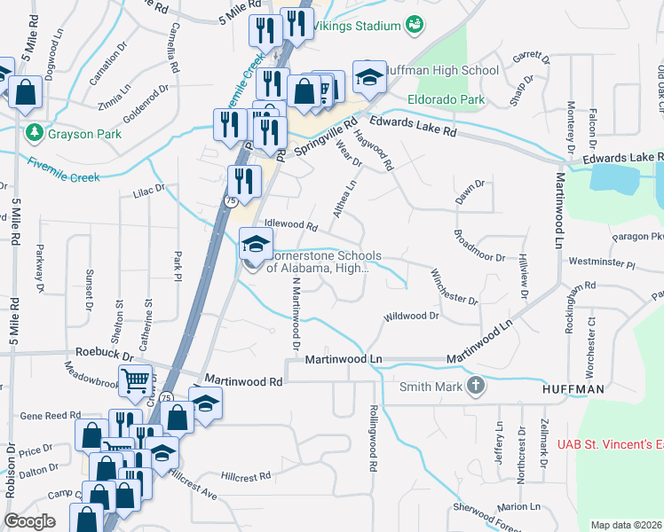 map of restaurants, bars, coffee shops, grocery stores, and more near 817 Idlewood Road in Birmingham
