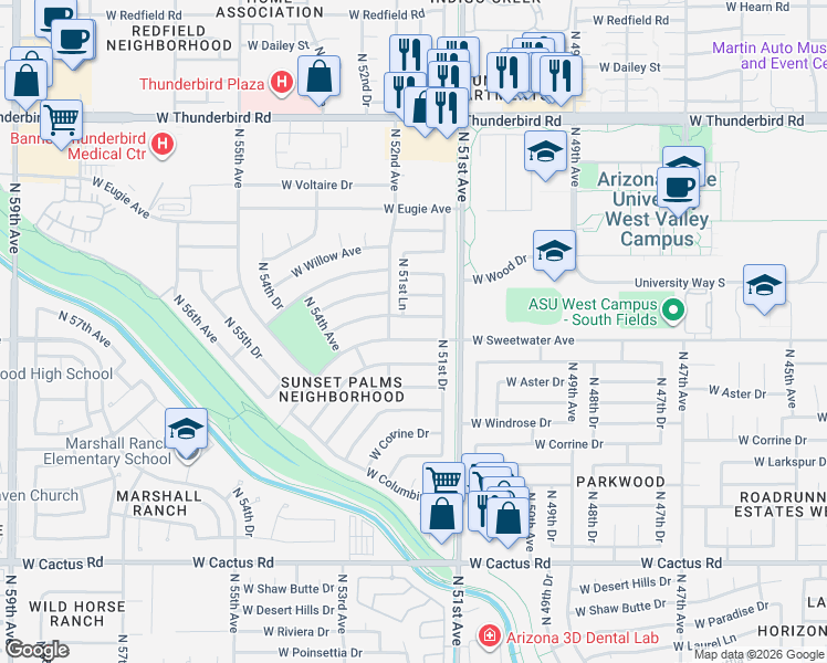 map of restaurants, bars, coffee shops, grocery stores, and more near 5126 West Wood Drive in Glendale