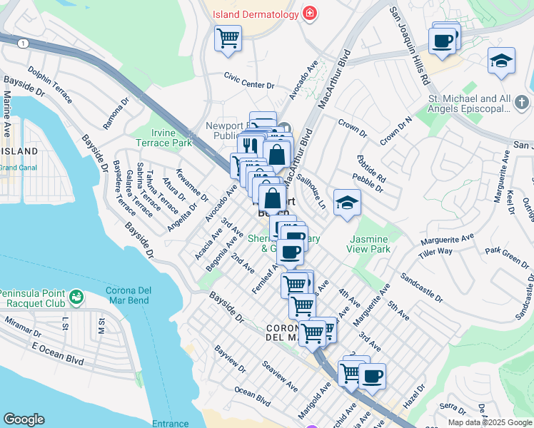 map of restaurants, bars, coffee shops, grocery stores, and more near in Newport Beach