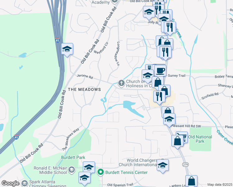 map of restaurants, bars, coffee shops, grocery stores, and more near 5703 Three Lakes Drive in Atlanta