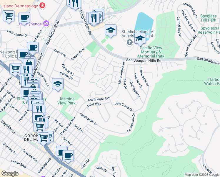 map of restaurants, bars, coffee shops, grocery stores, and more near 39 White Water Drive in Newport Beach