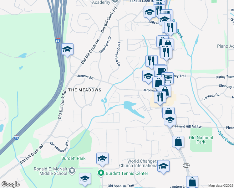 map of restaurants, bars, coffee shops, grocery stores, and more near 5415 Twin Lakes Drive in Atlanta